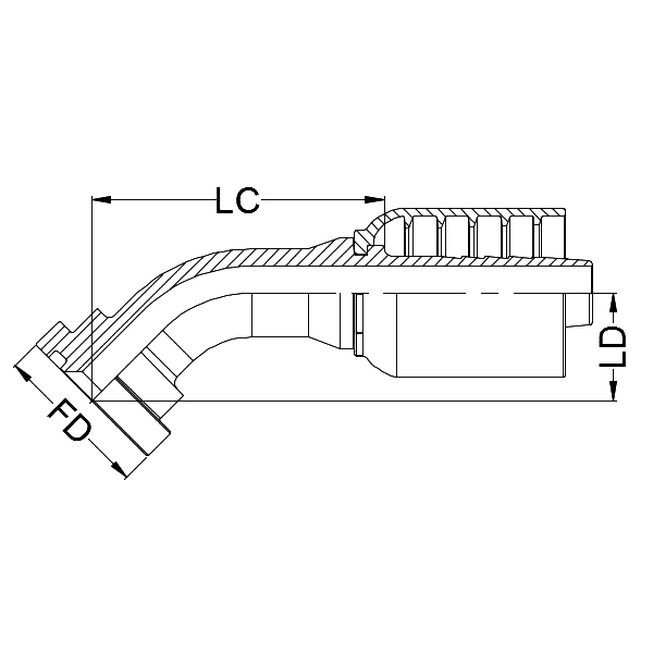 1&quot; SAE FLANGE CODE 62 45° SWEPT X 3/4&quot; 1-PIECE M/S NON-SKIVE TAIL