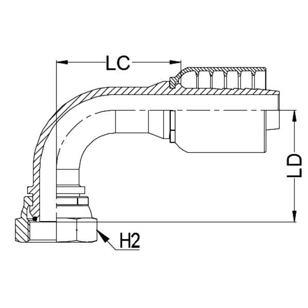3/8&quot; BSPP female X 3/8&quot; K Series 1pc hosetail to suit 1 W/B &amp; 2 W/B hose - 90° swept long dropper