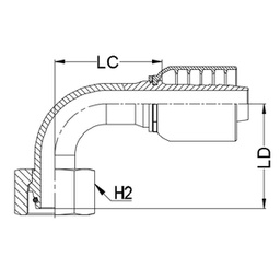 [K083-2208] 22 MM DKOS FEMALE METRIC HEAVY 90° SWEPT X 1/2&quot; 1-PIECE 1 &amp; 2-WIRE TAIL